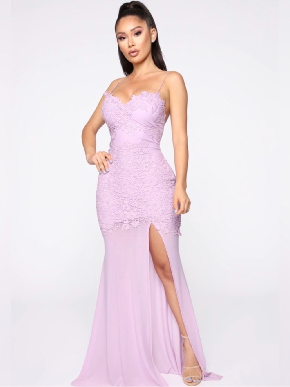 Fashion Nova Lilac Lace Maxi Dress with Thigh Slit